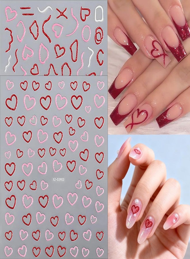 KTAABTR 6 Sheets Red Pink Glitter Hearts Nail Art Stickers 3D Self-Adhesive Valentine's Day Heart Bow Nail Stickers Stripe Star Design Nail Decals for Women Manicure Supplies Valentines Nail Decoration - Image 2